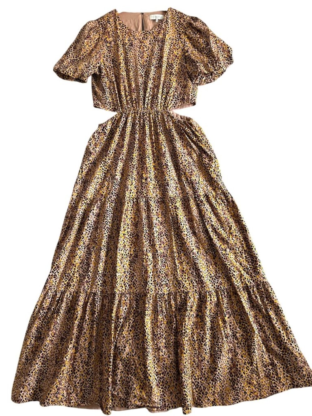 WAYF Women's Sz L Leopard Print Maxi Dress With Puff Sleeves & Side Cutouts